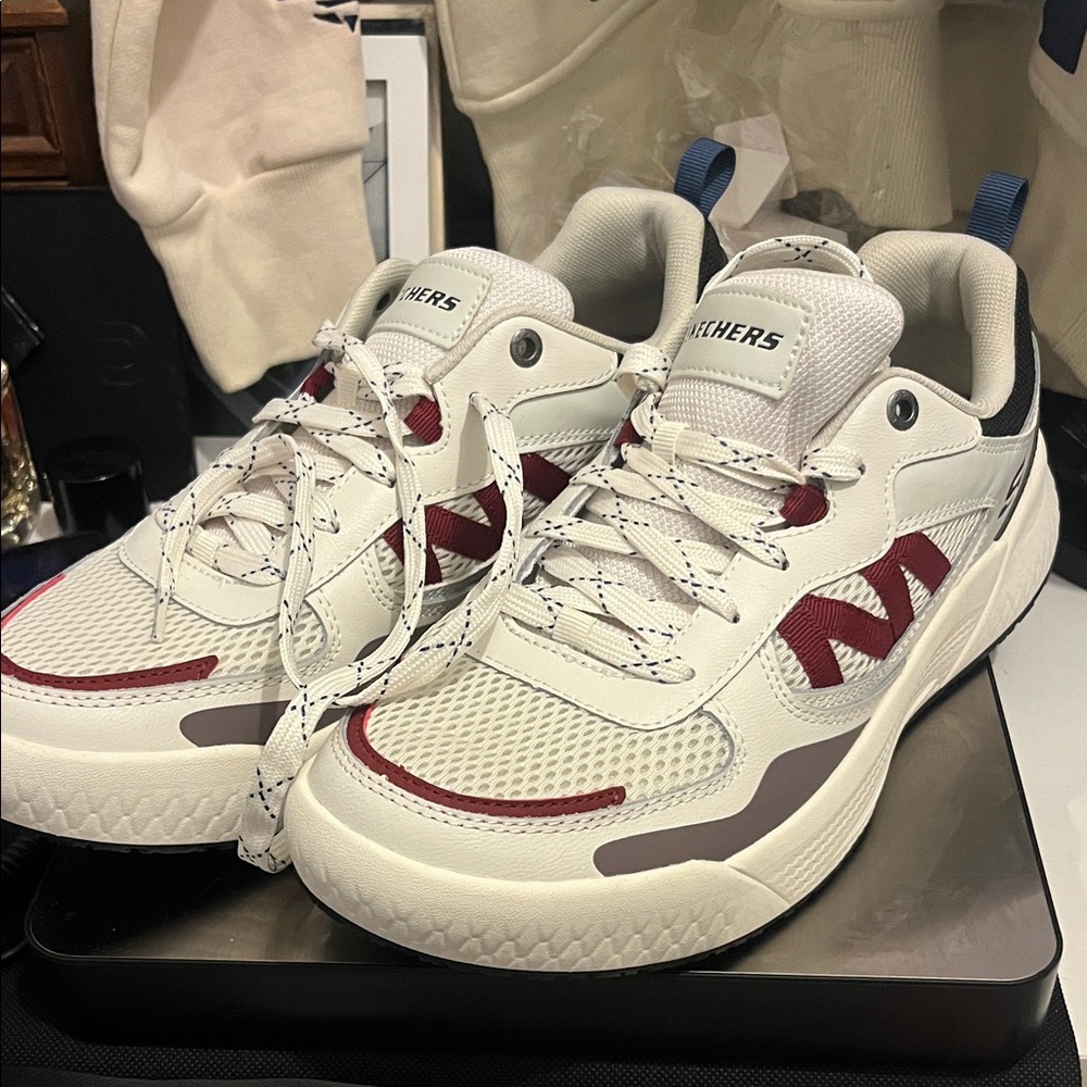Skechers Men's White and Burgundy Lace-Up Athletic Sneakers